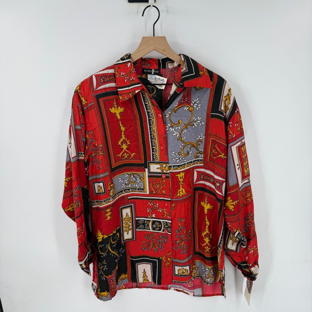 Silk Encounter Button Up Shirt Red Medium Vintage Baroque Scarf Print